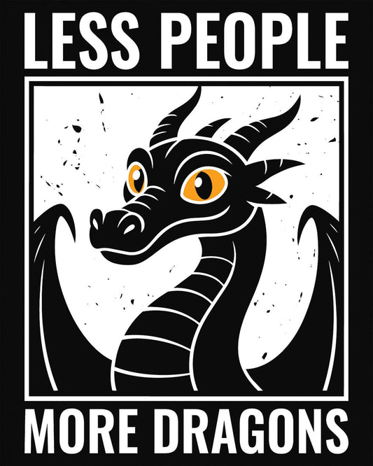 Less People More Dragons shirt in black featuring a bold dragon portrait with bright eyes and distressed graphic style
