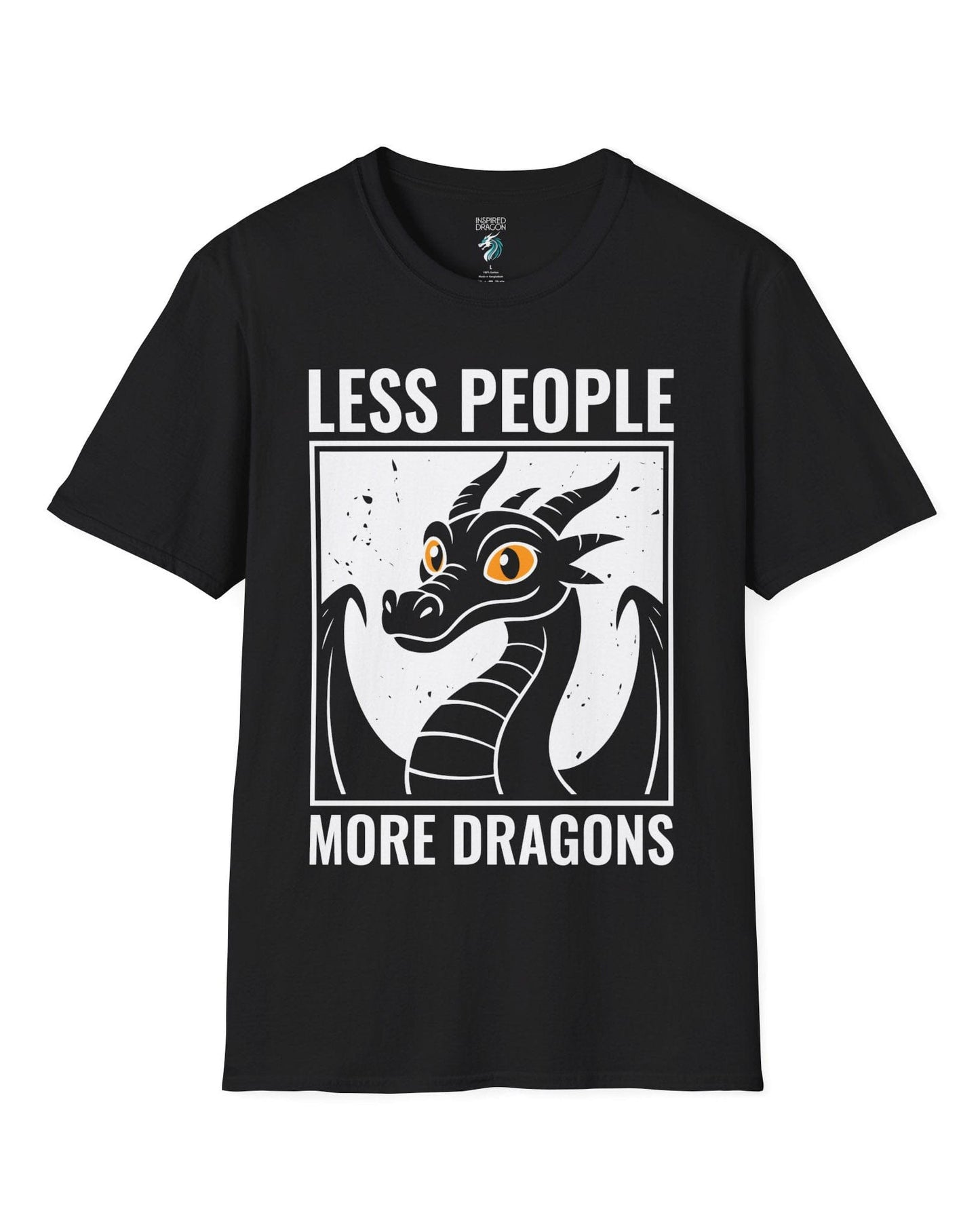 Less People More Dragons shirt in black featuring a bold dragon portrait with bright eyes and distressed graphic style