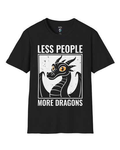 Less People More Dragons shirt in black featuring a bold dragon portrait with bright eyes and distressed graphic style