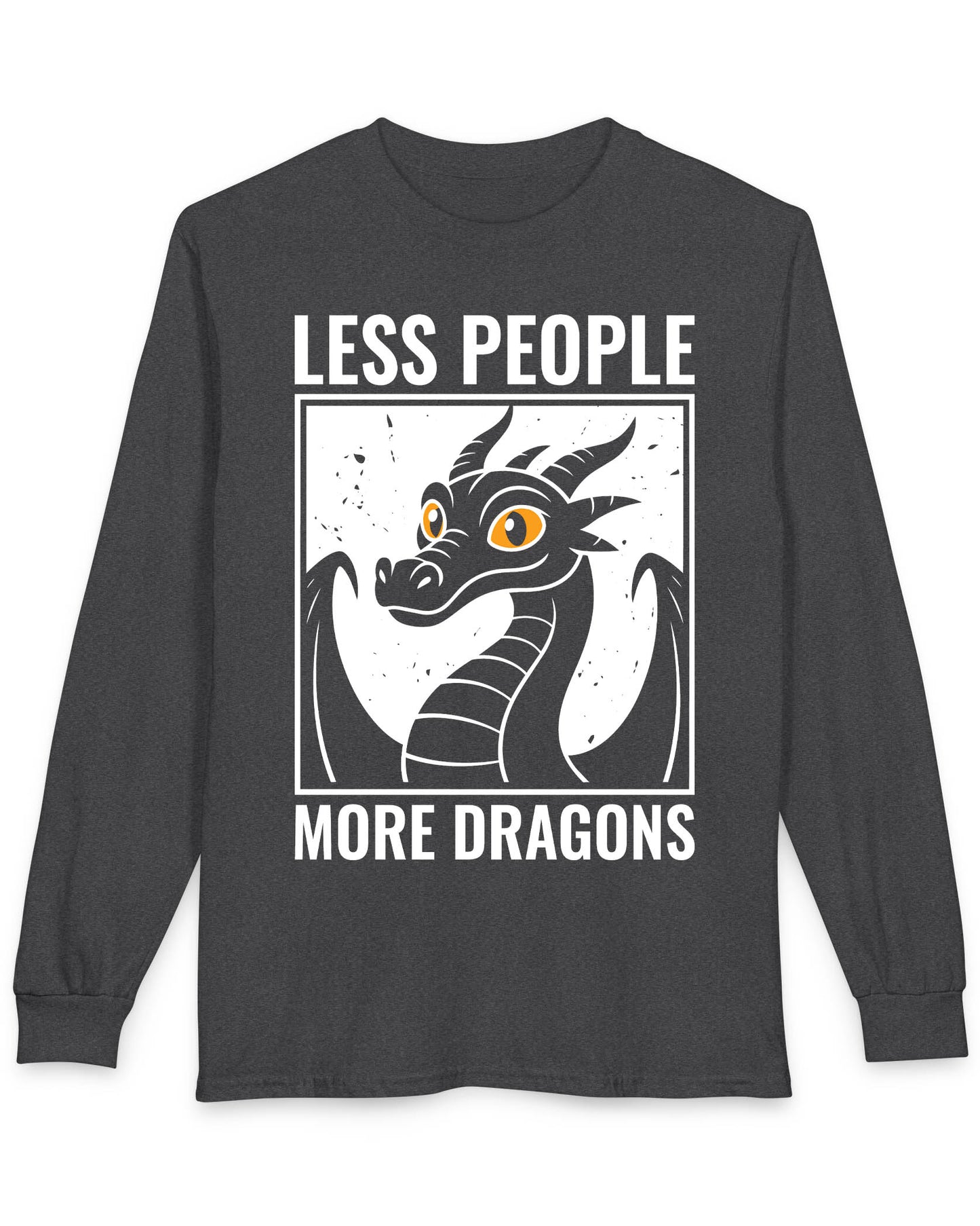 Less People More Dragons shirt in dark heather featuring a bold dragon portrait with bright eyes and distressed graphic style