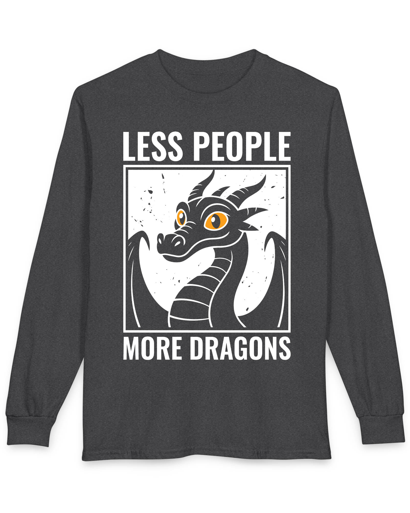 Less People More Dragons shirt in dark heather featuring a bold dragon portrait with bright eyes and distressed graphic style