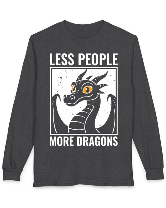 Less People More Dragons shirt in dark heather featuring a bold dragon portrait with bright eyes and distressed graphic style