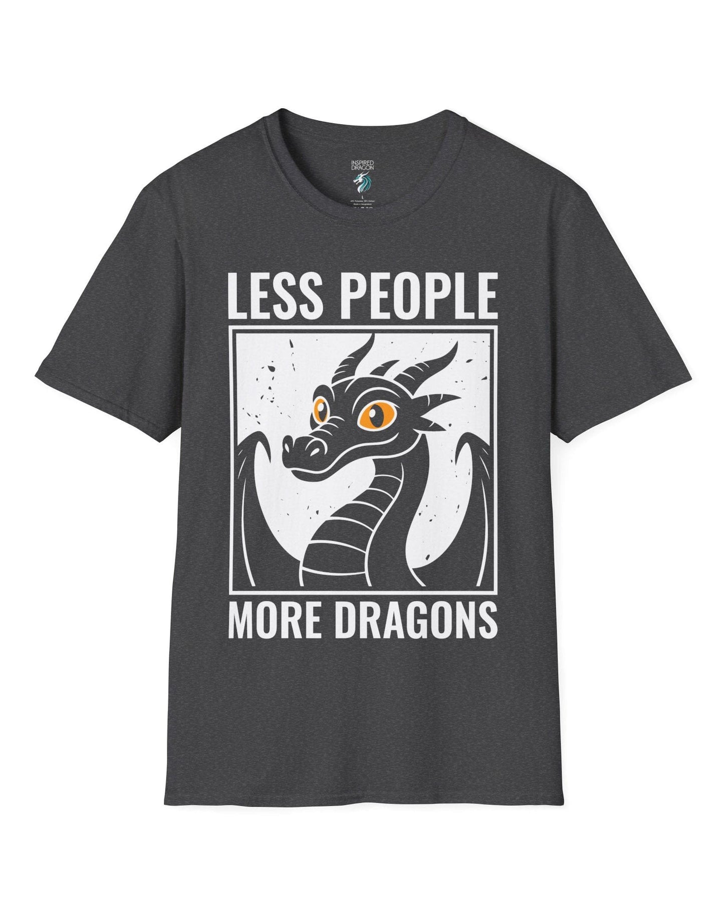 Less People More Dragons shirt in dark heather featuring a bold dragon portrait with bright eyes and distressed graphic style