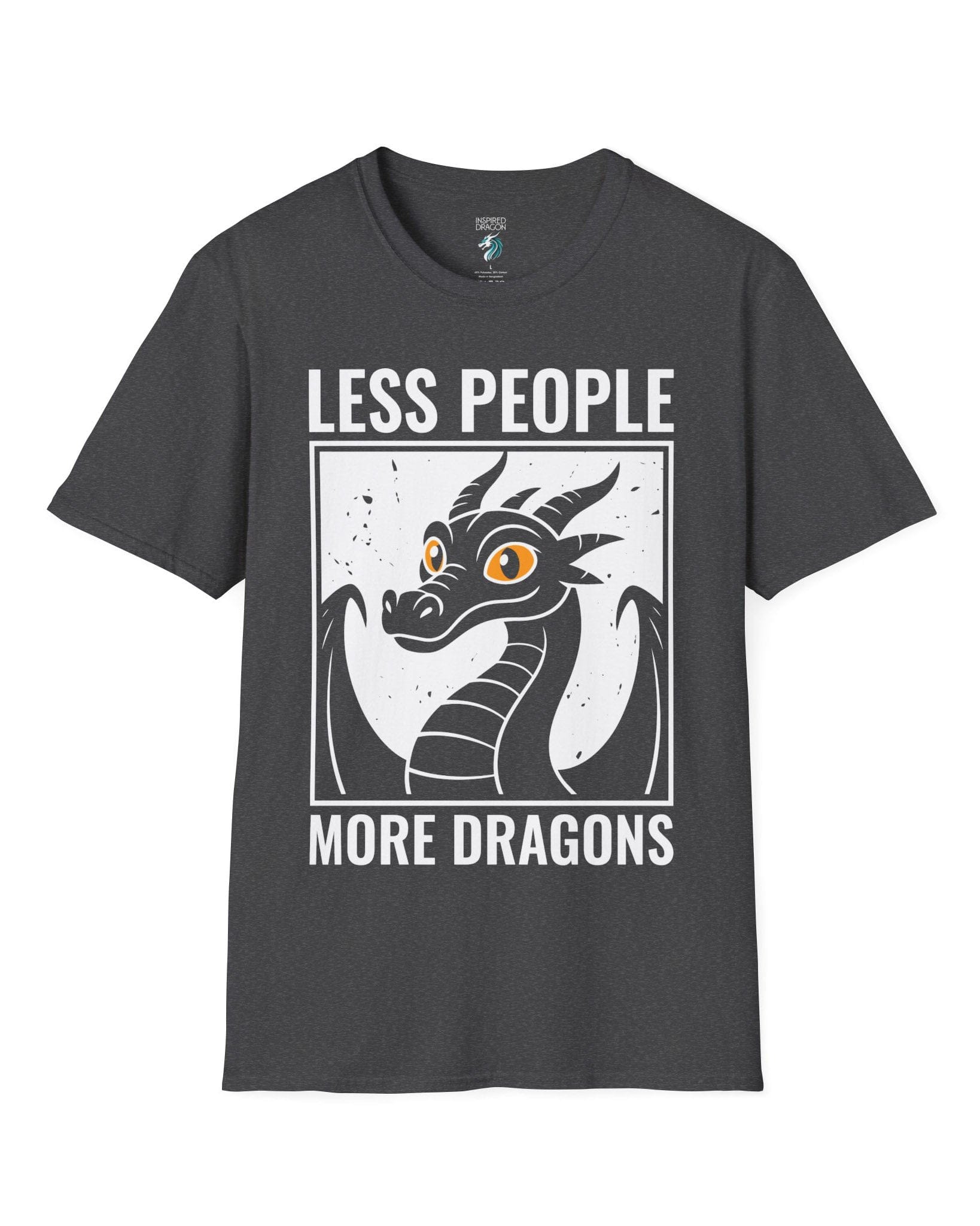 Less People More Dragons shirt in dark heather featuring a bold dragon portrait with bright eyes and distressed graphic style