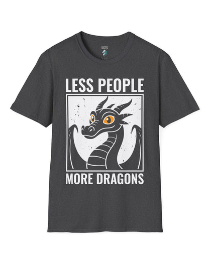 Less People More Dragons shirt in dark heather featuring a bold dragon portrait with bright eyes and distressed graphic style
