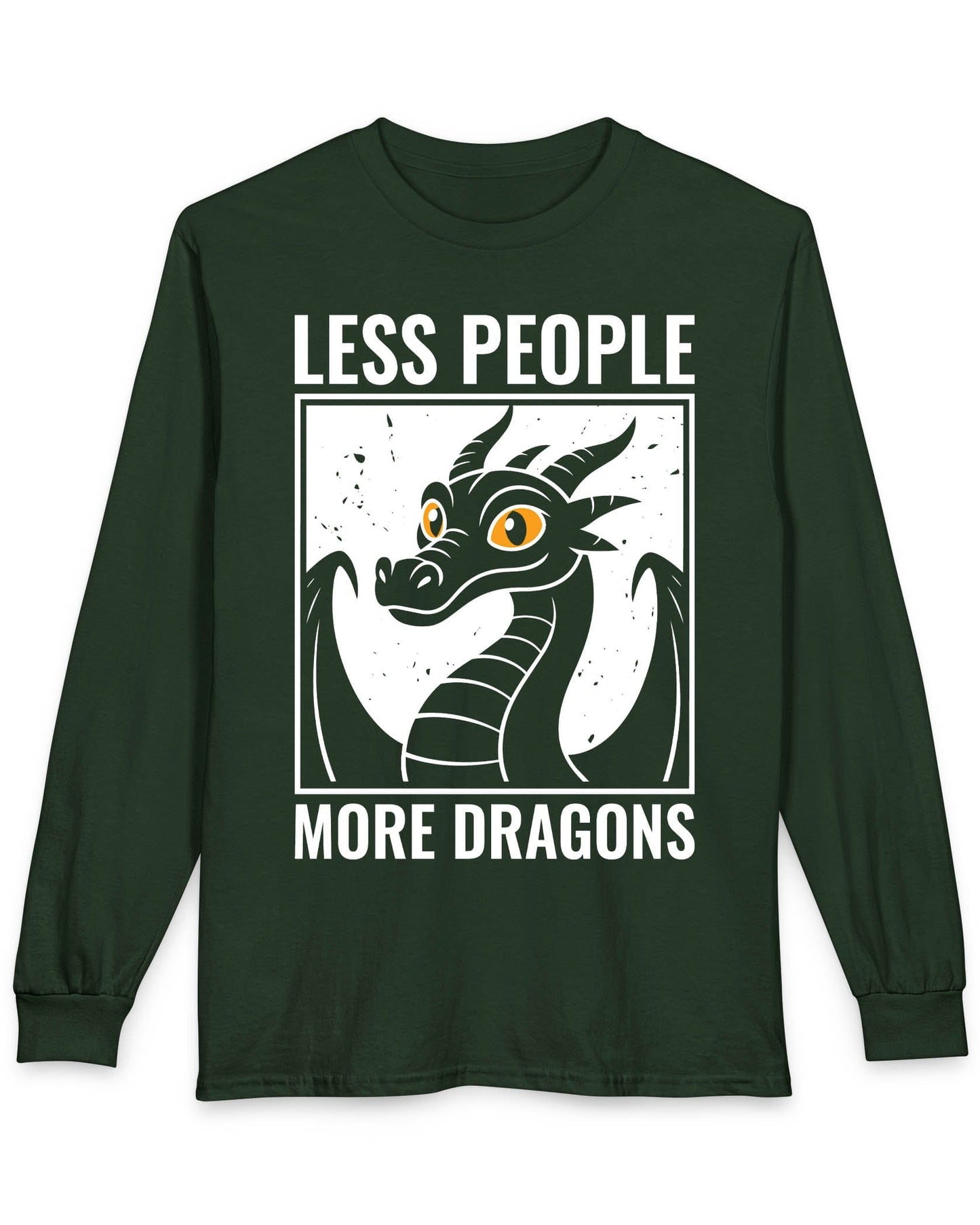 Less People More Dragons shirt in forest green featuring a bold dragon portrait with bright eyes and distressed graphic style