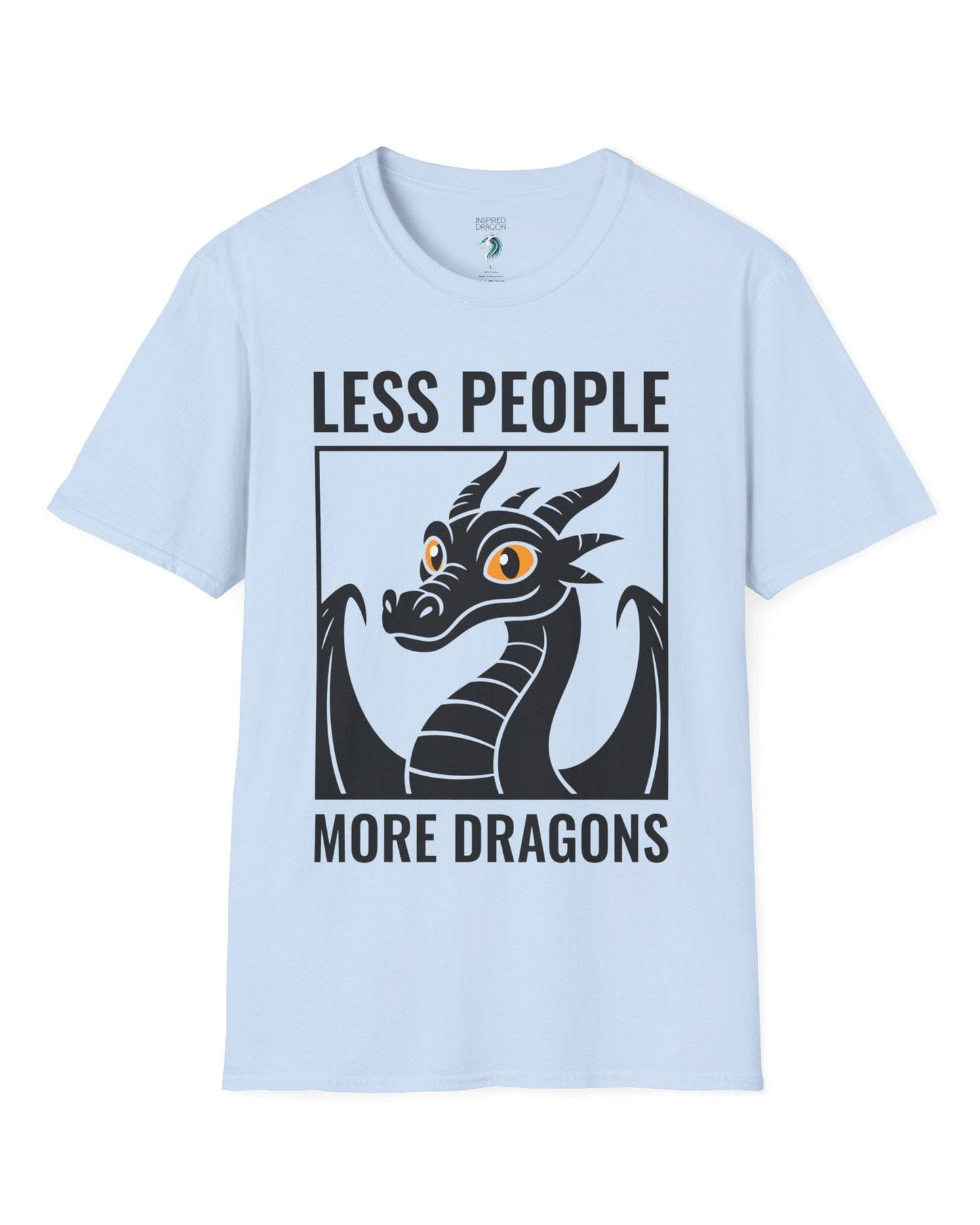 Less People More Dragons shirt in light blue featuring a bold dragon portrait with bright eyes and distressed graphic style