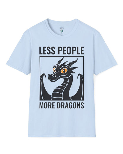 Less People More Dragons shirt in light blue featuring a bold dragon portrait with bright eyes and distressed graphic style