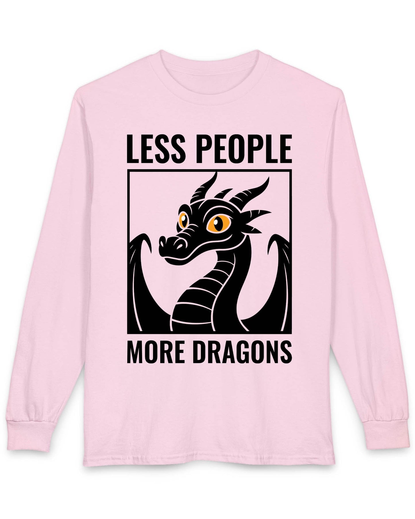 Less People More Dragons shirt in light pink featuring a bold dragon portrait with bright eyes and distressed graphic style