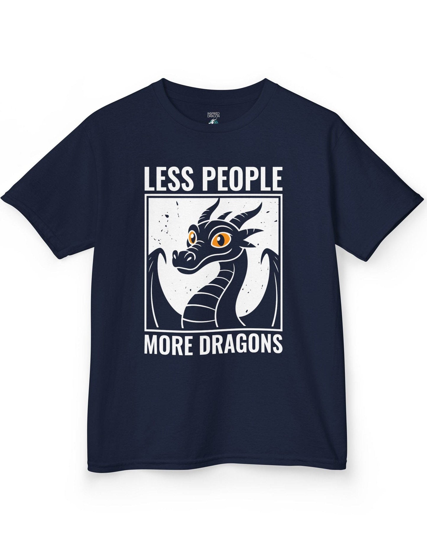 Less People More Dragons shirt in navy featuring a bold dragon portrait with bright eyes and distressed graphic style