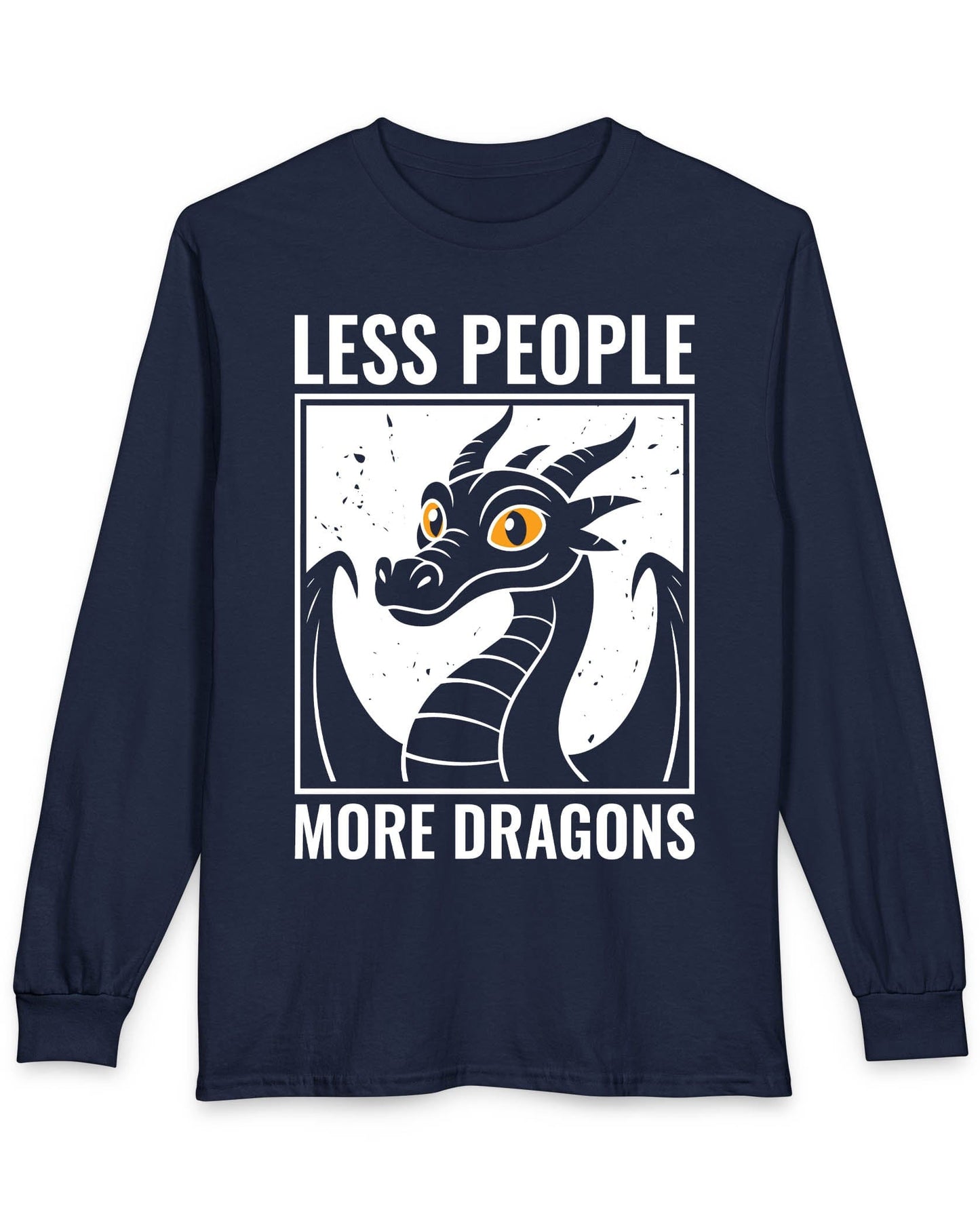 Less People More Dragons shirt in navy featuring a bold dragon portrait with bright eyes and distressed graphic style