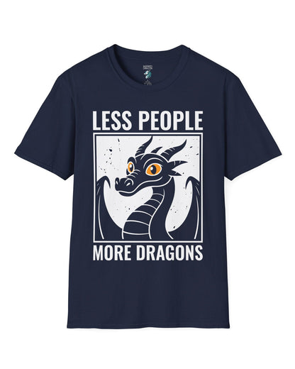 Less People More Dragons shirt in navy featuring a bold dragon portrait with bright eyes and distressed graphic style