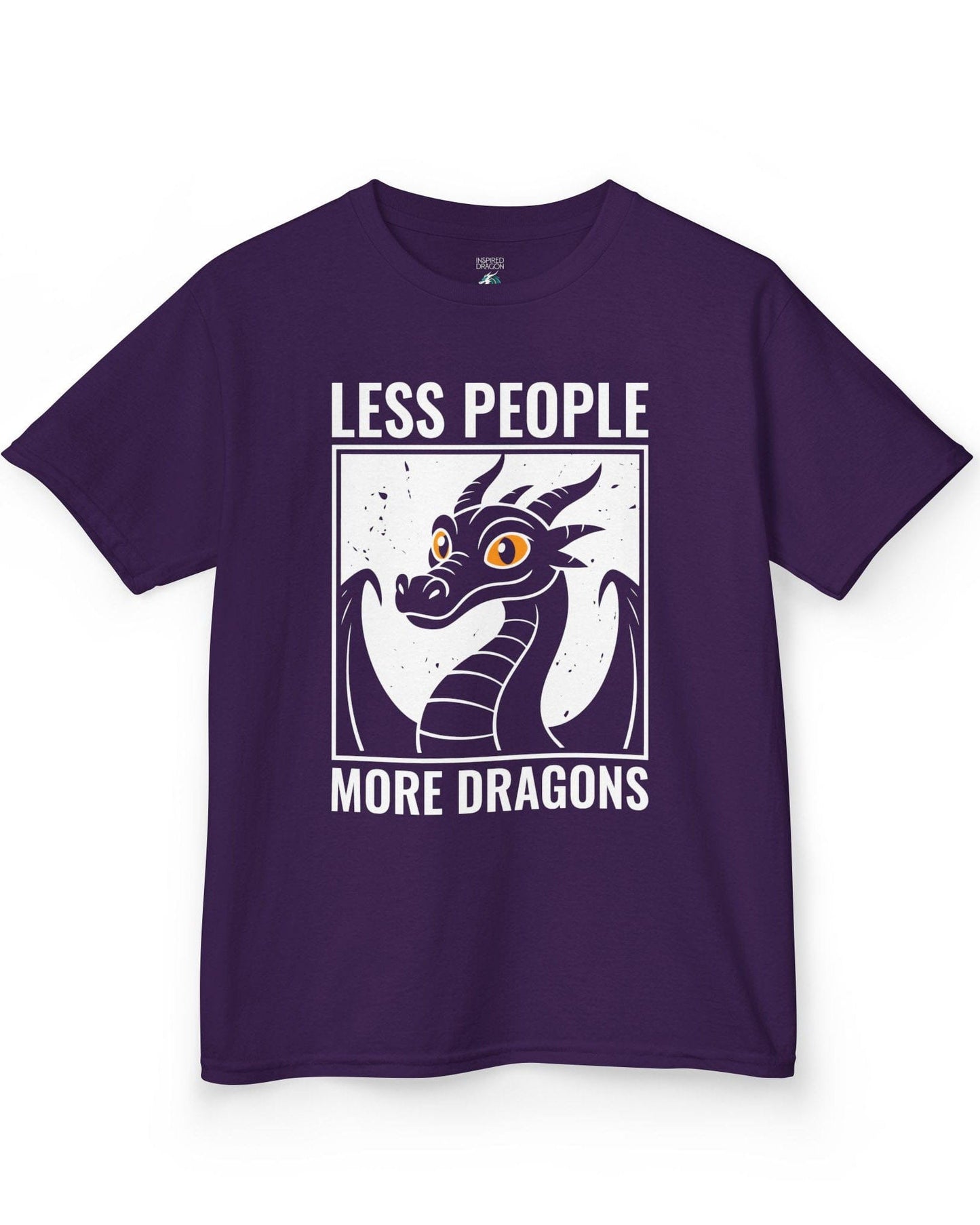 Less People More Dragons shirt in purple featuring a bold dragon portrait with bright eyes and distressed graphic style