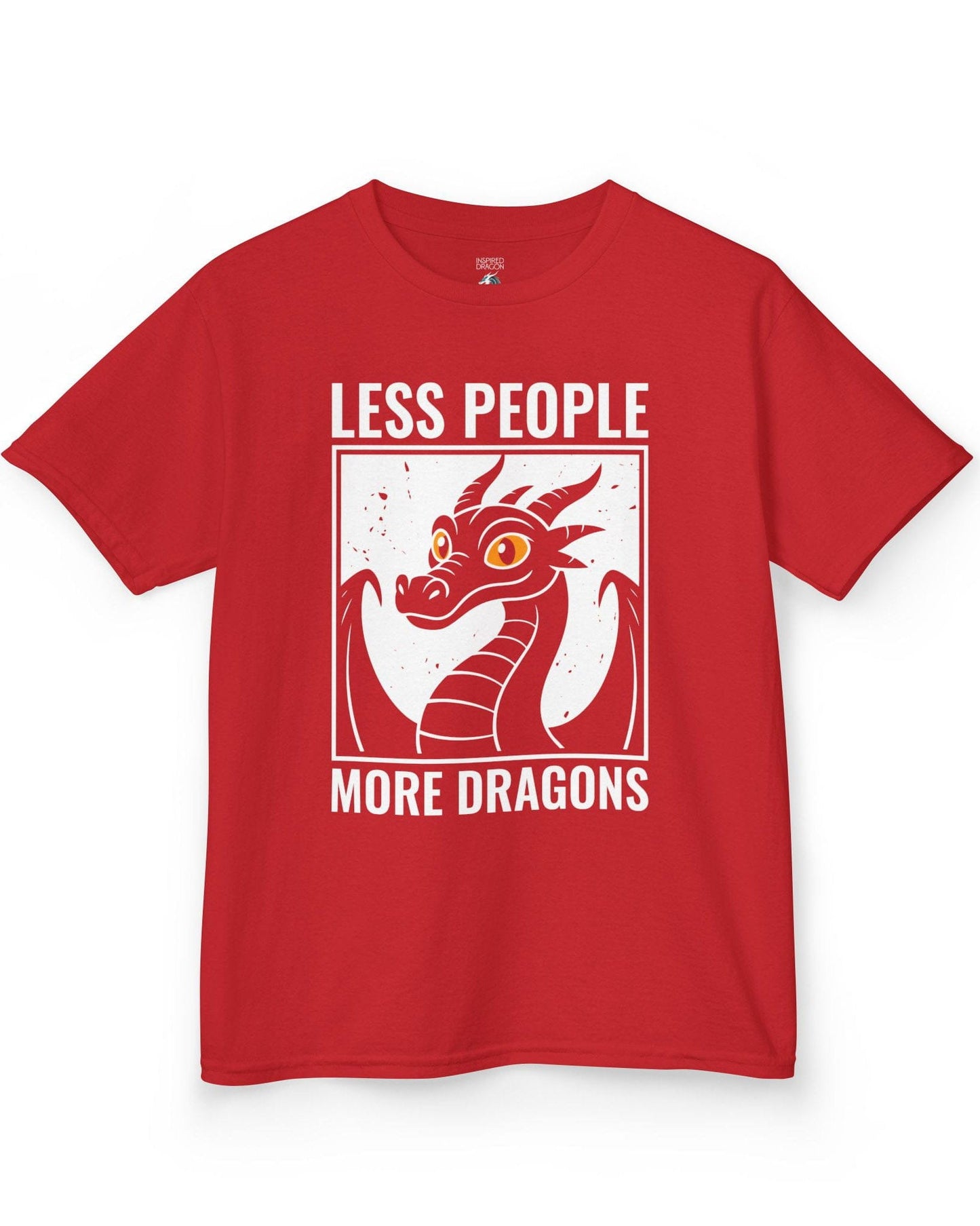 Less People More Dragons shirt in red featuring a bold dragon portrait with bright eyes and distressed graphic style