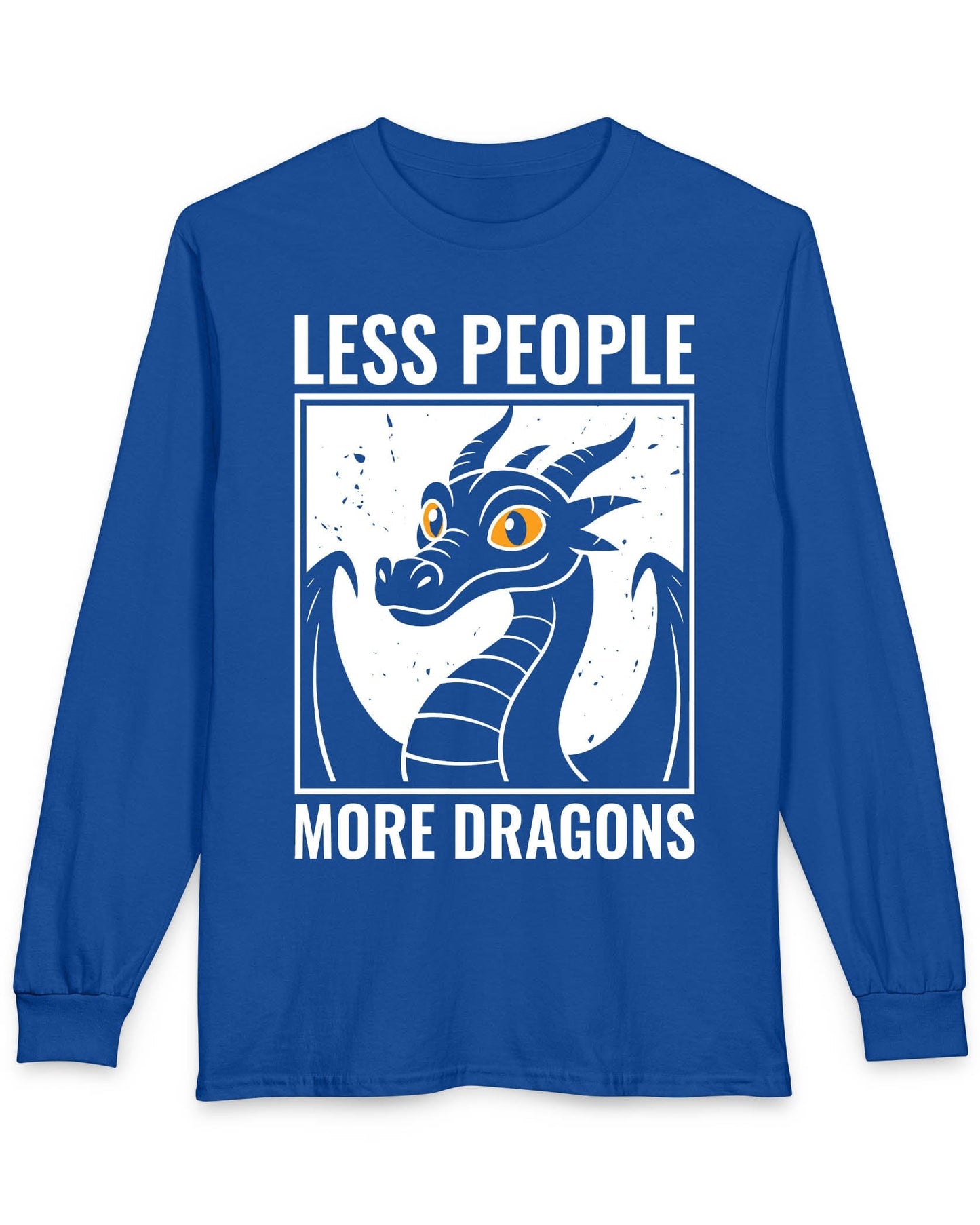 Less People More Dragons shirt in royal blue featuring a bold dragon portrait with bright eyes and distressed graphic style