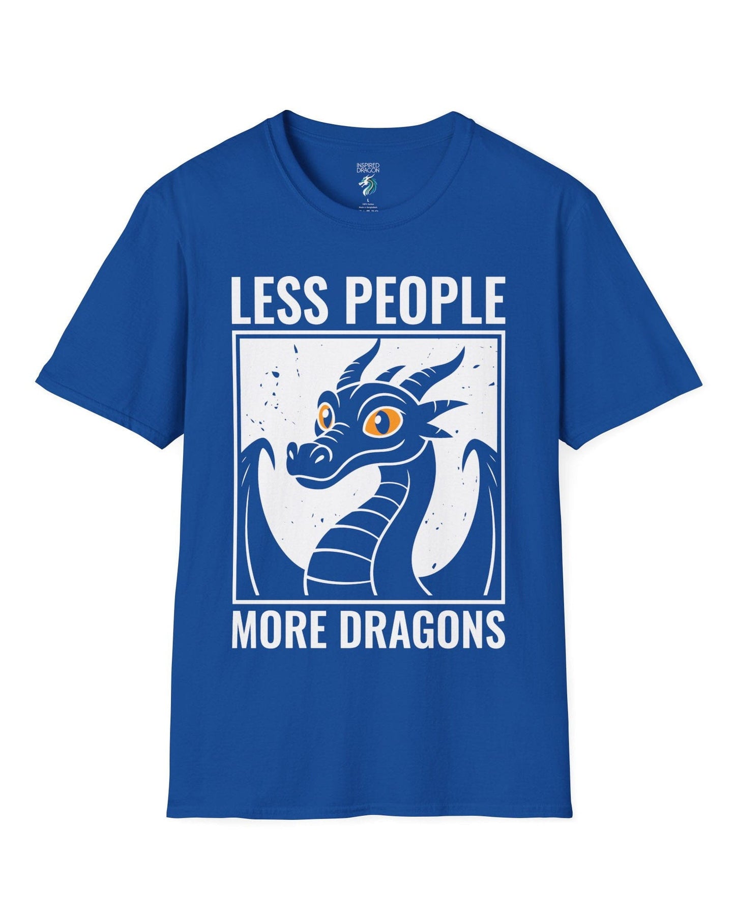 Less People More Dragons shirt in royal blue featuring a bold dragon portrait with bright eyes and distressed graphic style