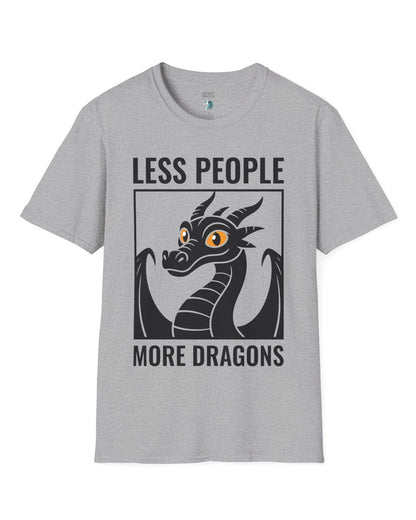 Less People More Dragons shirt in sport grey featuring a bold dragon portrait with bright eyes and distressed graphic style