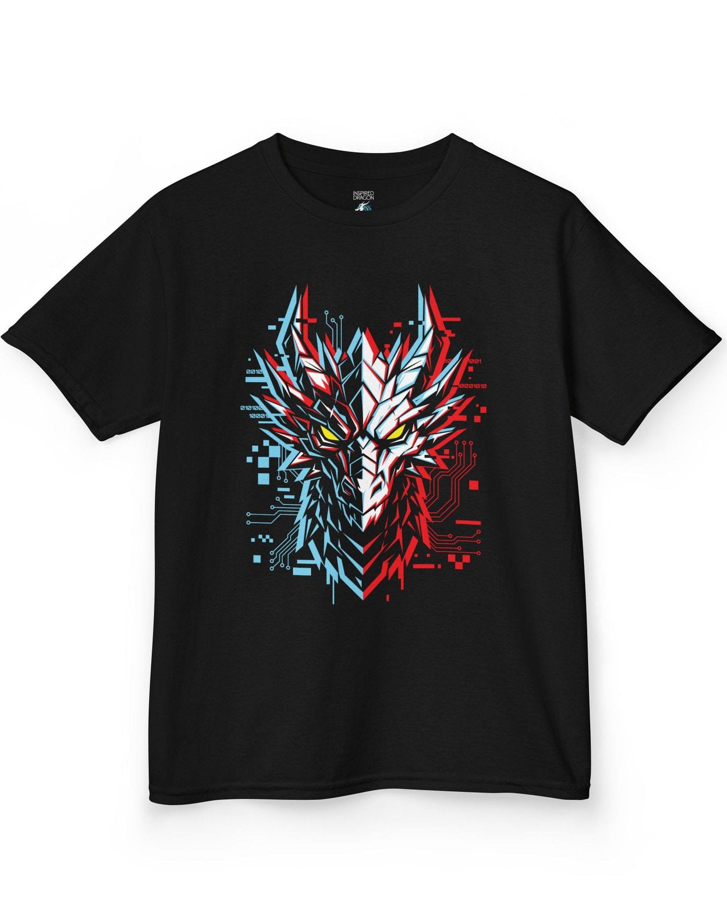 Ghost in the Circuit shirt in black featuring a split cyber dragon face with neon circuitry and glowing eyes