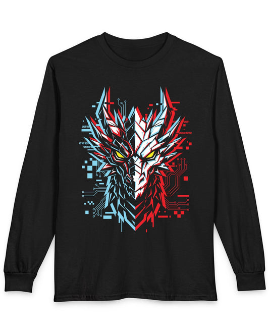Ghost in the Circuit shirt in black featuring a split cyber dragon face with neon circuitry and glowing eyes