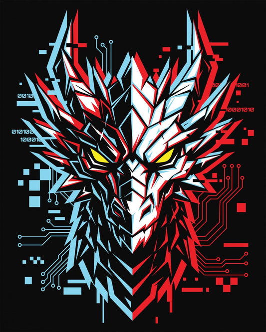 Ghost in the Circuit shirt in black featuring a split cyber dragon face with neon circuitry and glowing eyes