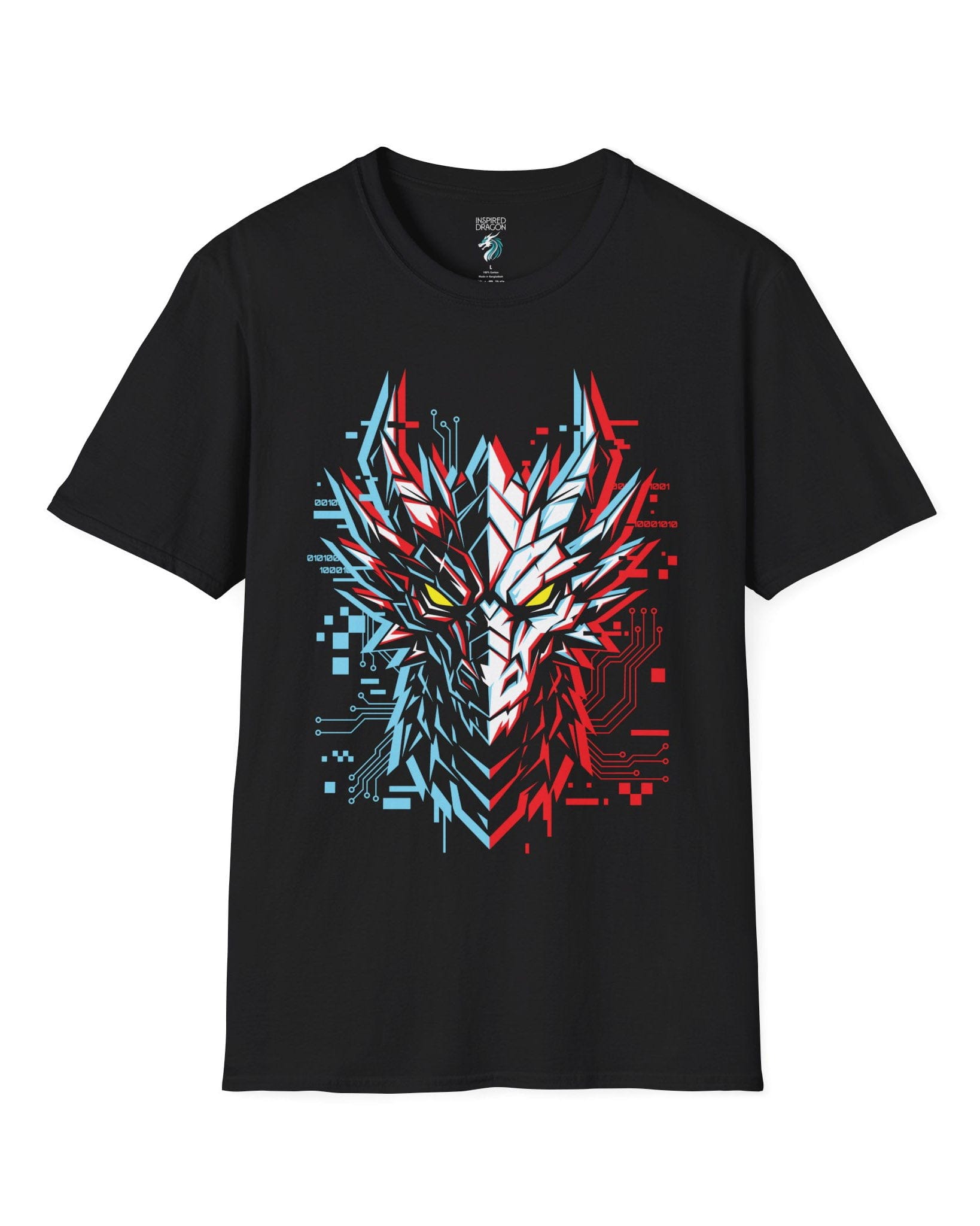 Ghost in the Circuit shirt in black featuring a split cyber dragon face with neon circuitry and glowing eyes