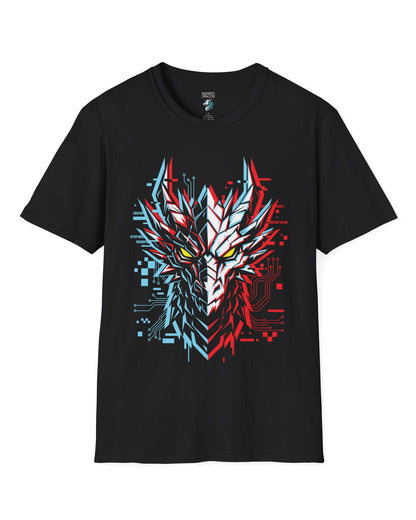 Ghost in the Circuit shirt in black featuring a split cyber dragon face with neon circuitry and glowing eyes