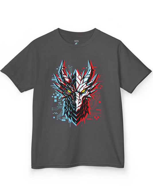 Ghost in the Circuit shirt in charcoal featuring a split cyber dragon face with neon circuitry and glowing eyes