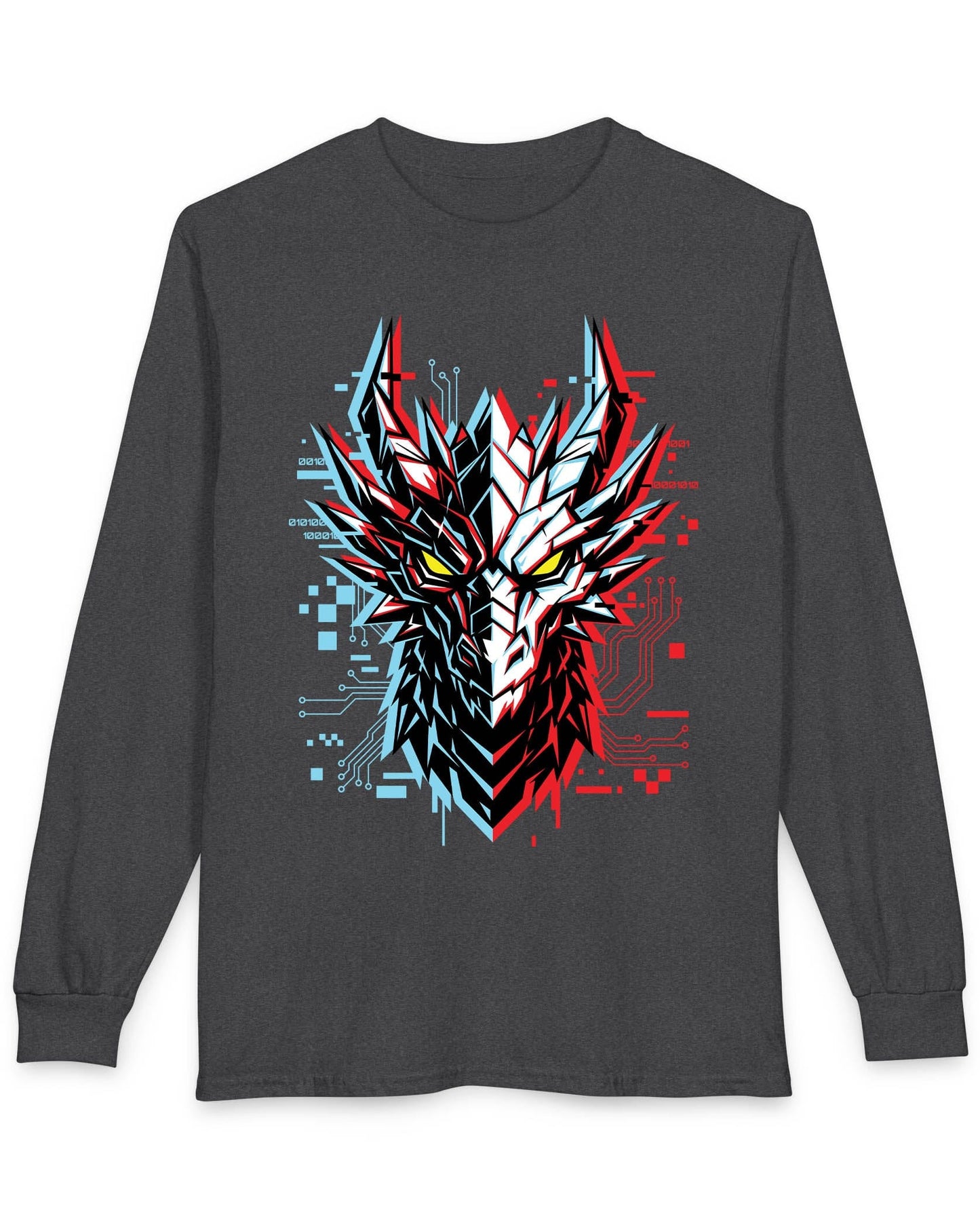 Ghost in the Circuit shirt in dark heather featuring a split cyber dragon face with neon circuitry and glowing eyes