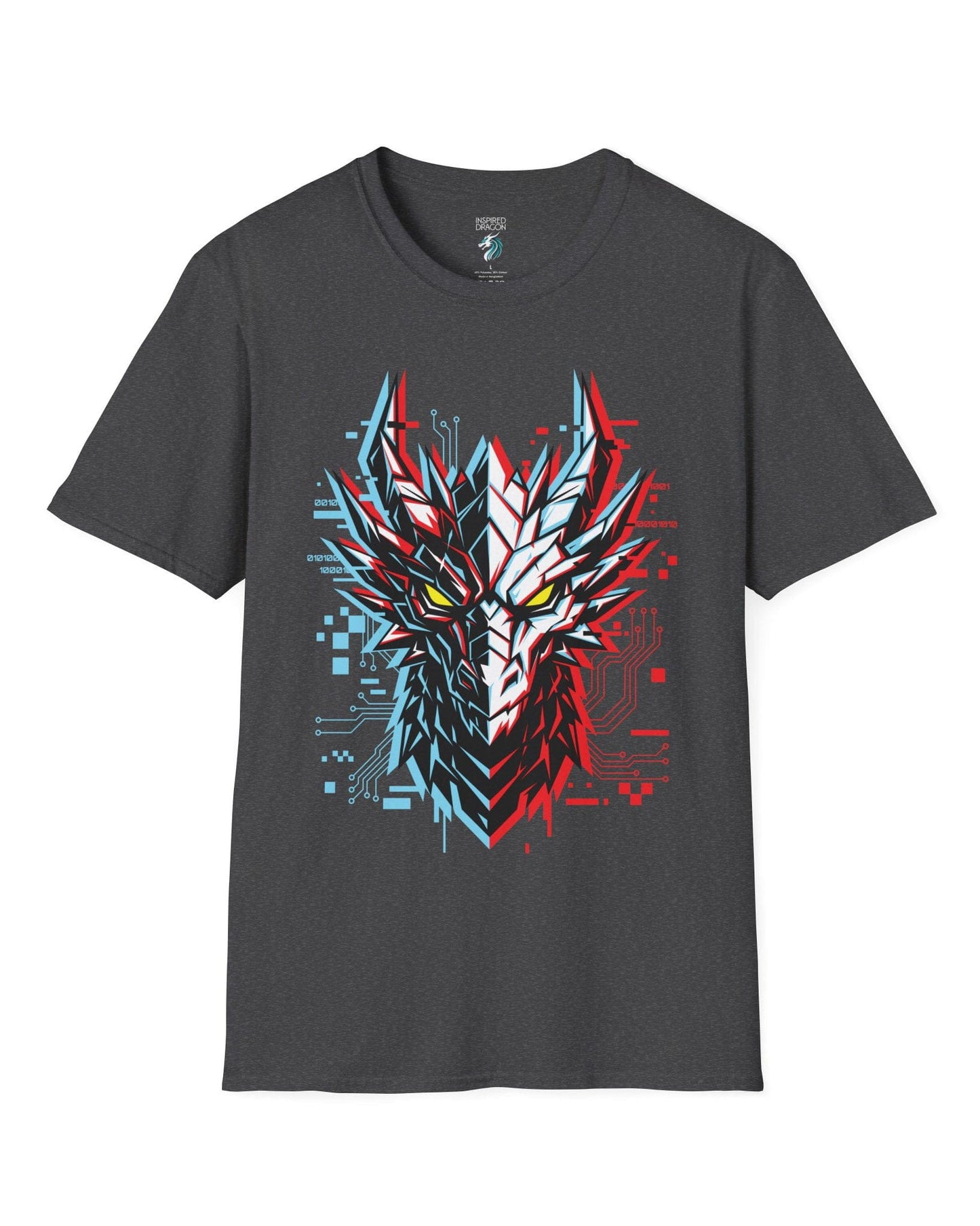 Ghost in the Circuit shirt in dark heather featuring a split cyber dragon face with neon circuitry and glowing eyes