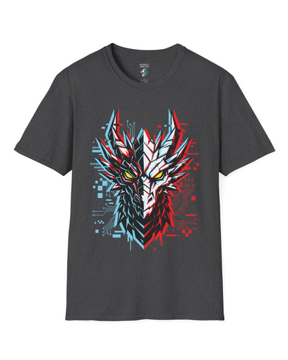 Ghost in the Circuit shirt in dark heather featuring a split cyber dragon face with neon circuitry and glowing eyes