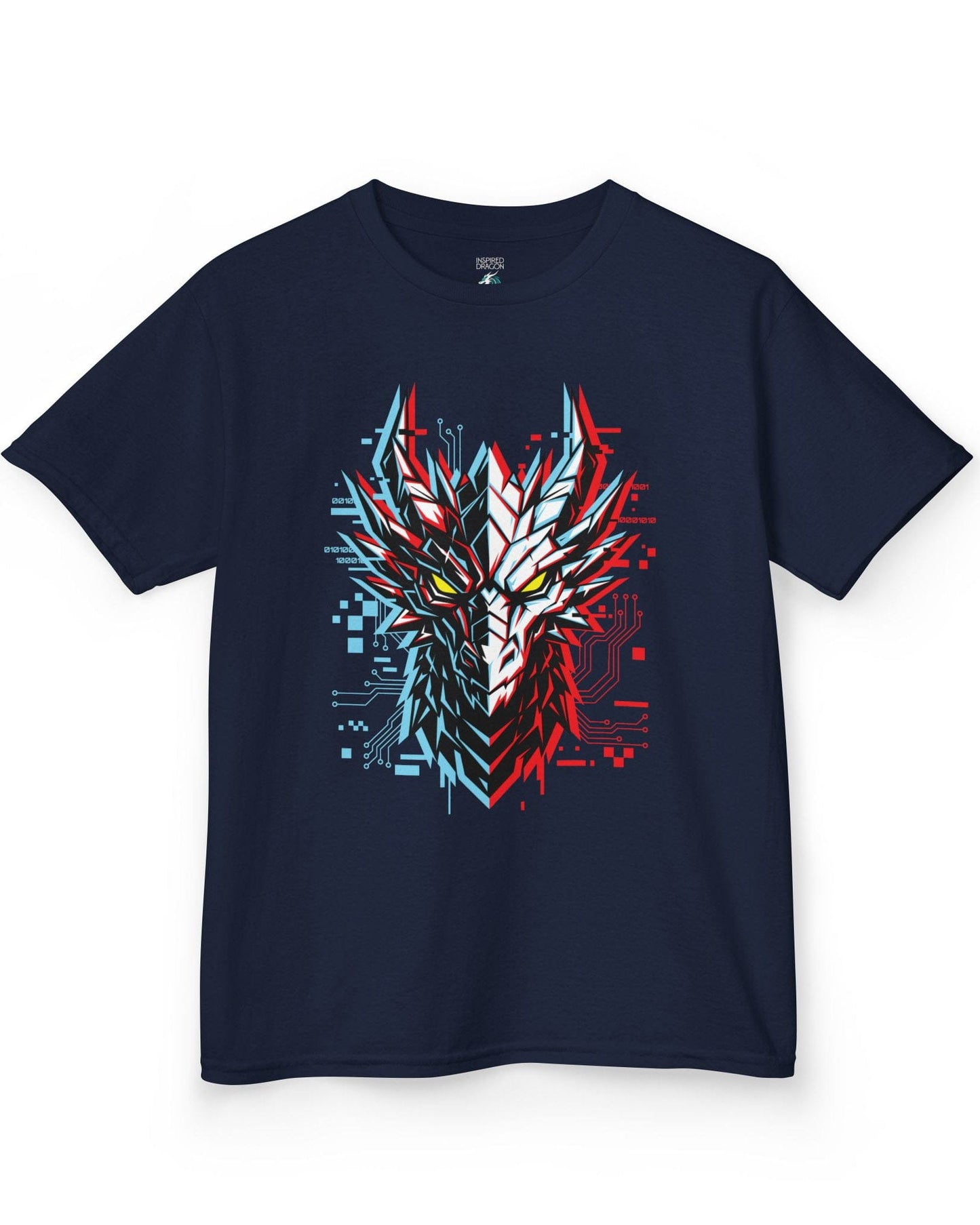 Ghost in the Circuit shirt in navy featuring a split cyber dragon face with neon circuitry and glowing eyes