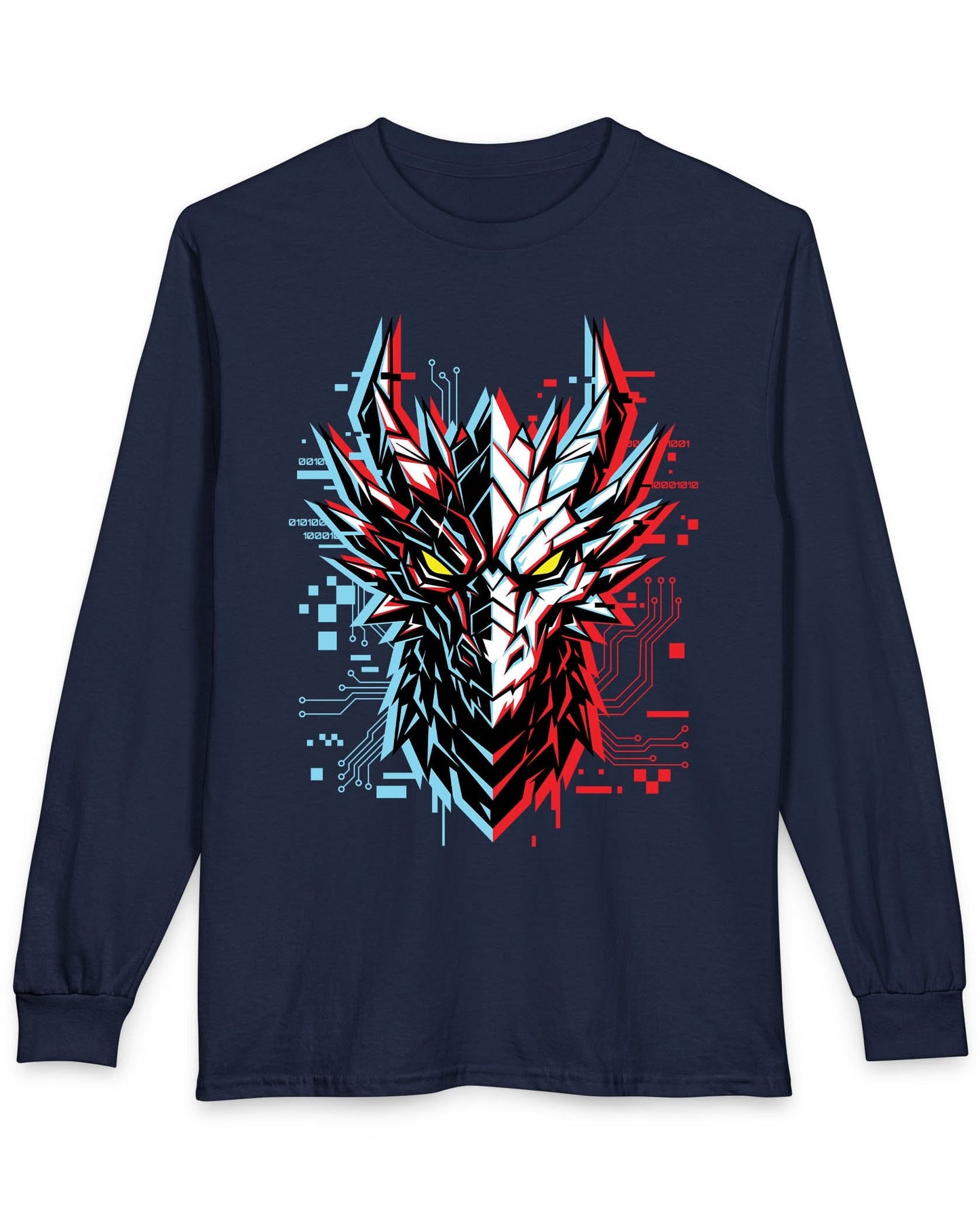 Ghost in the Circuit shirt in navy featuring a split cyber dragon face with neon circuitry and glowing eyes