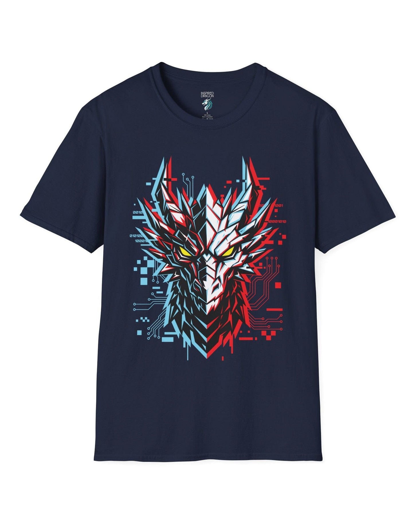 Ghost in the Circuit shirt in navy featuring a split cyber dragon face with neon circuitry and glowing eyes