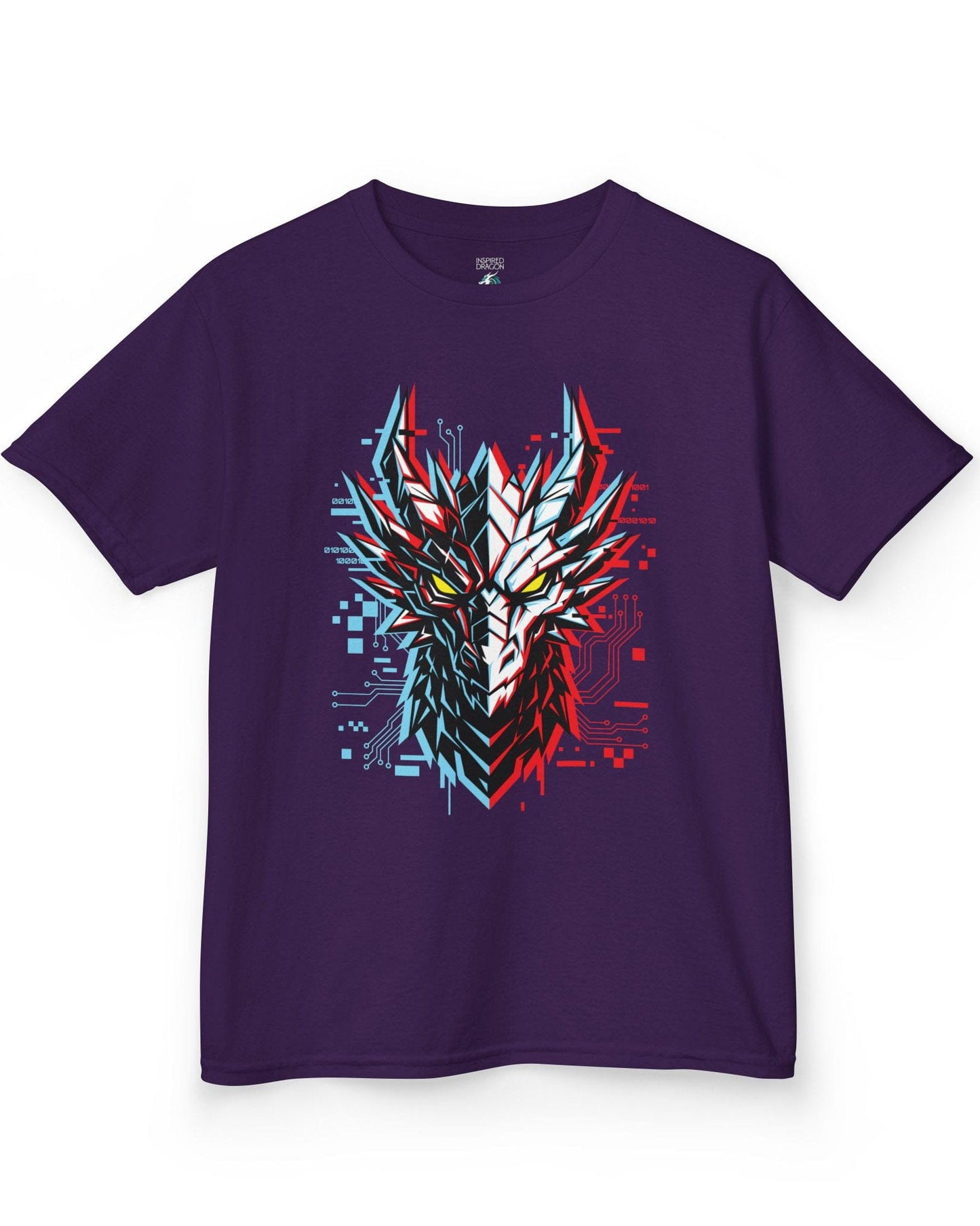 Ghost in the Circuit shirt in purple featuring a split cyber dragon face with neon circuitry and glowing eyes