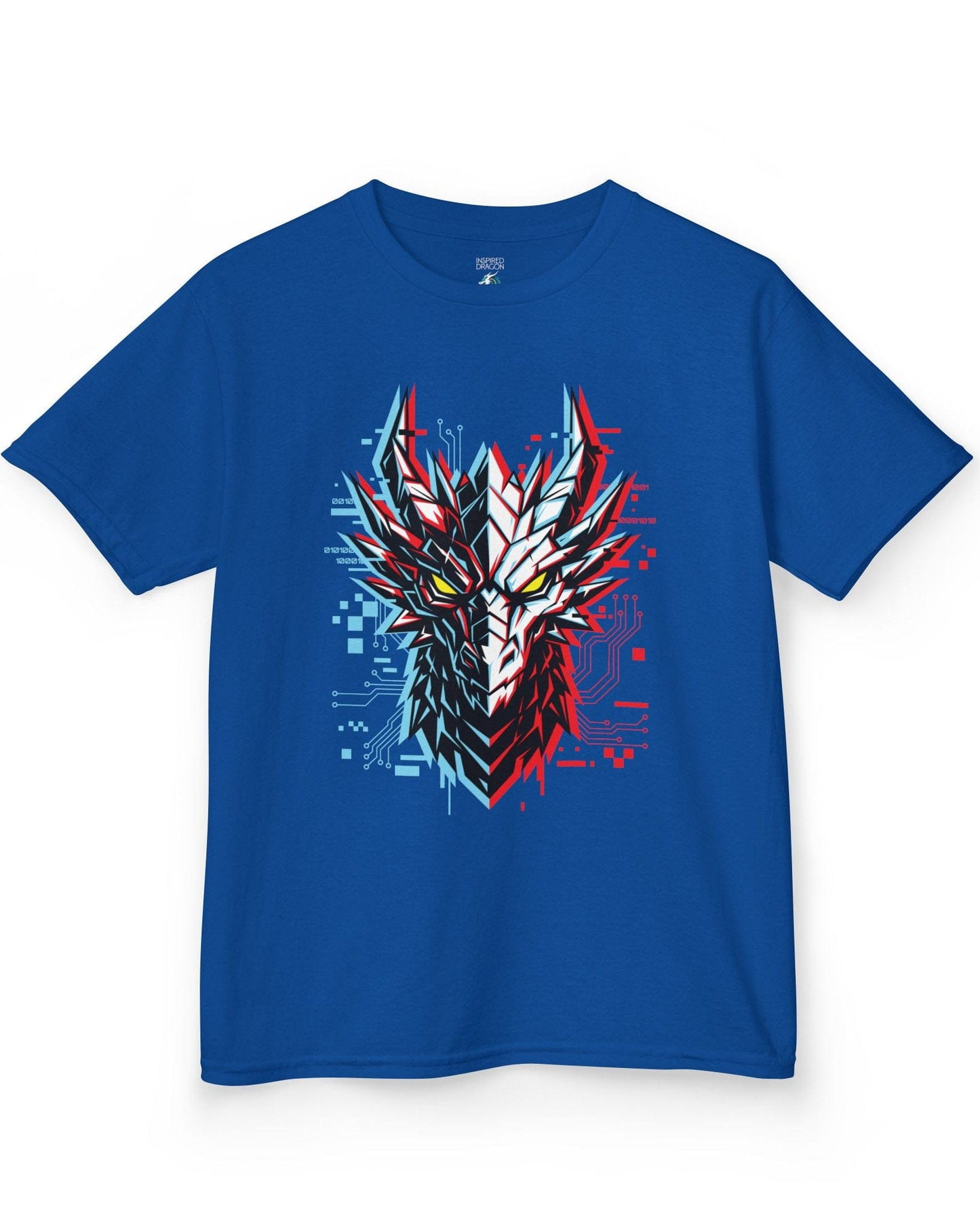 Ghost in the Circuit shirt in royal blue featuring a split cyber dragon face with neon circuitry and glowing eyes
