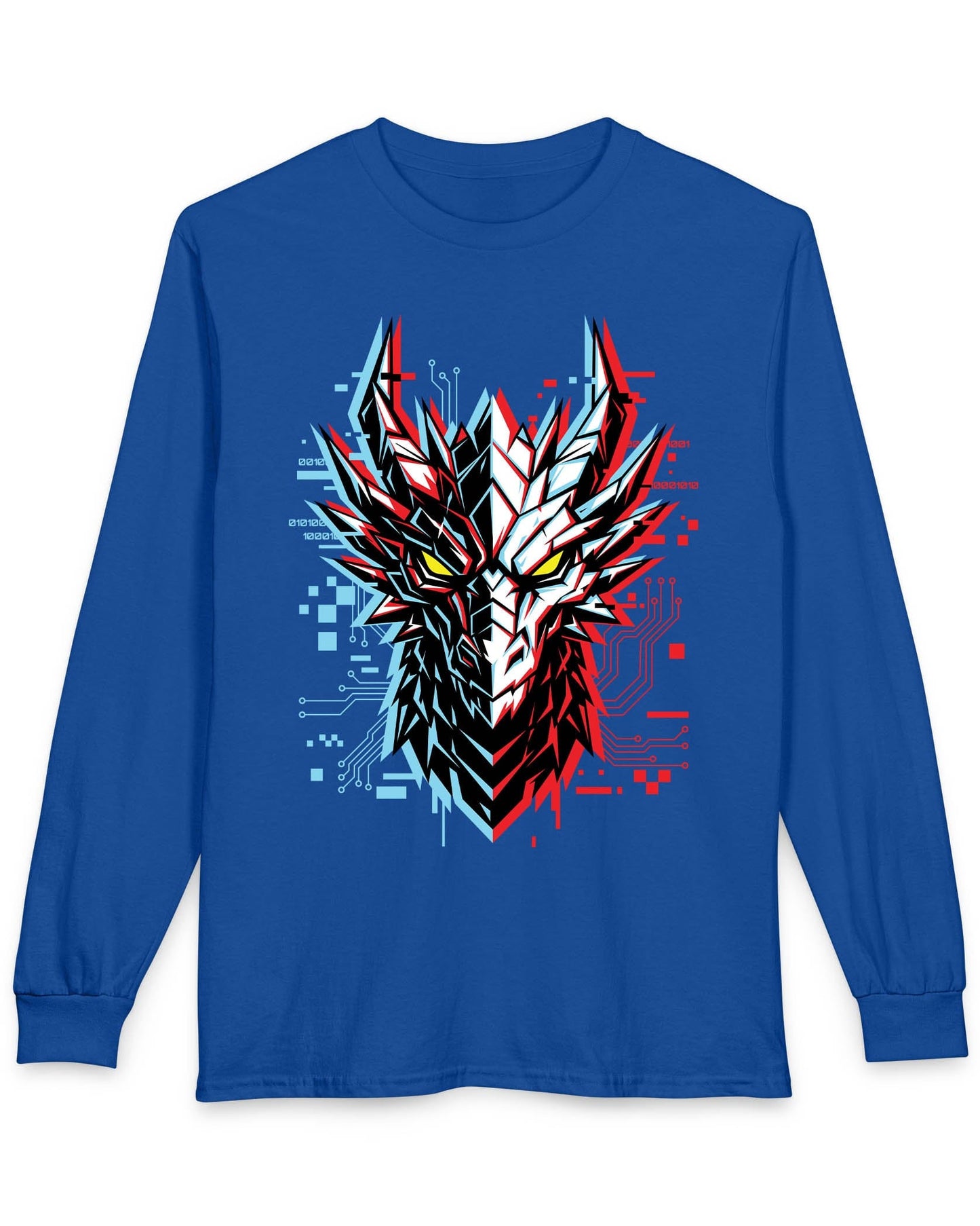 Ghost in the Circuit shirt in royal blue featuring a split cyber dragon face with neon circuitry and glowing eyes