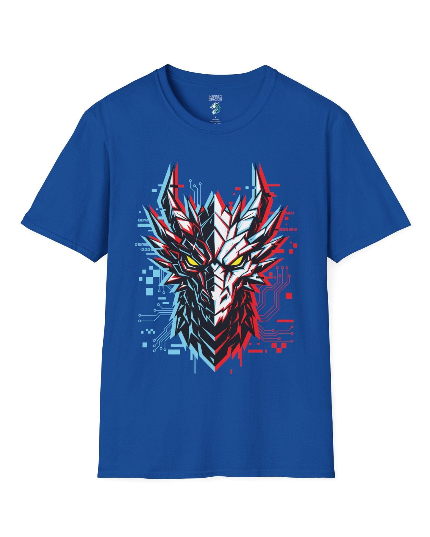 Ghost in the Circuit shirt in royal blue featuring a split cyber dragon face with neon circuitry and glowing eyes