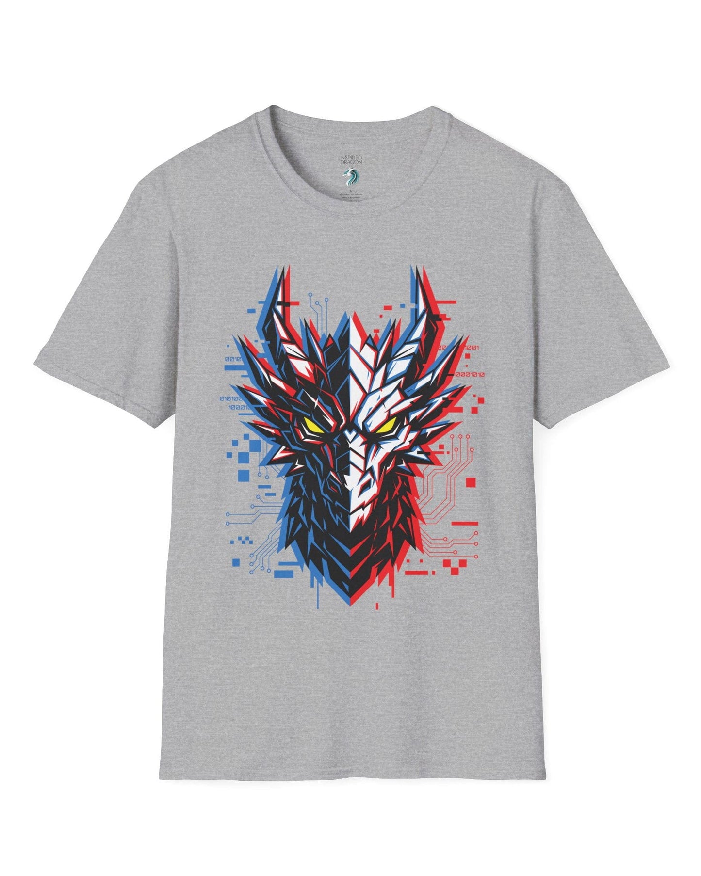 Ghost in the Circuit shirt in sport grey featuring a split cyber dragon face with neon circuitry and glowing eyes