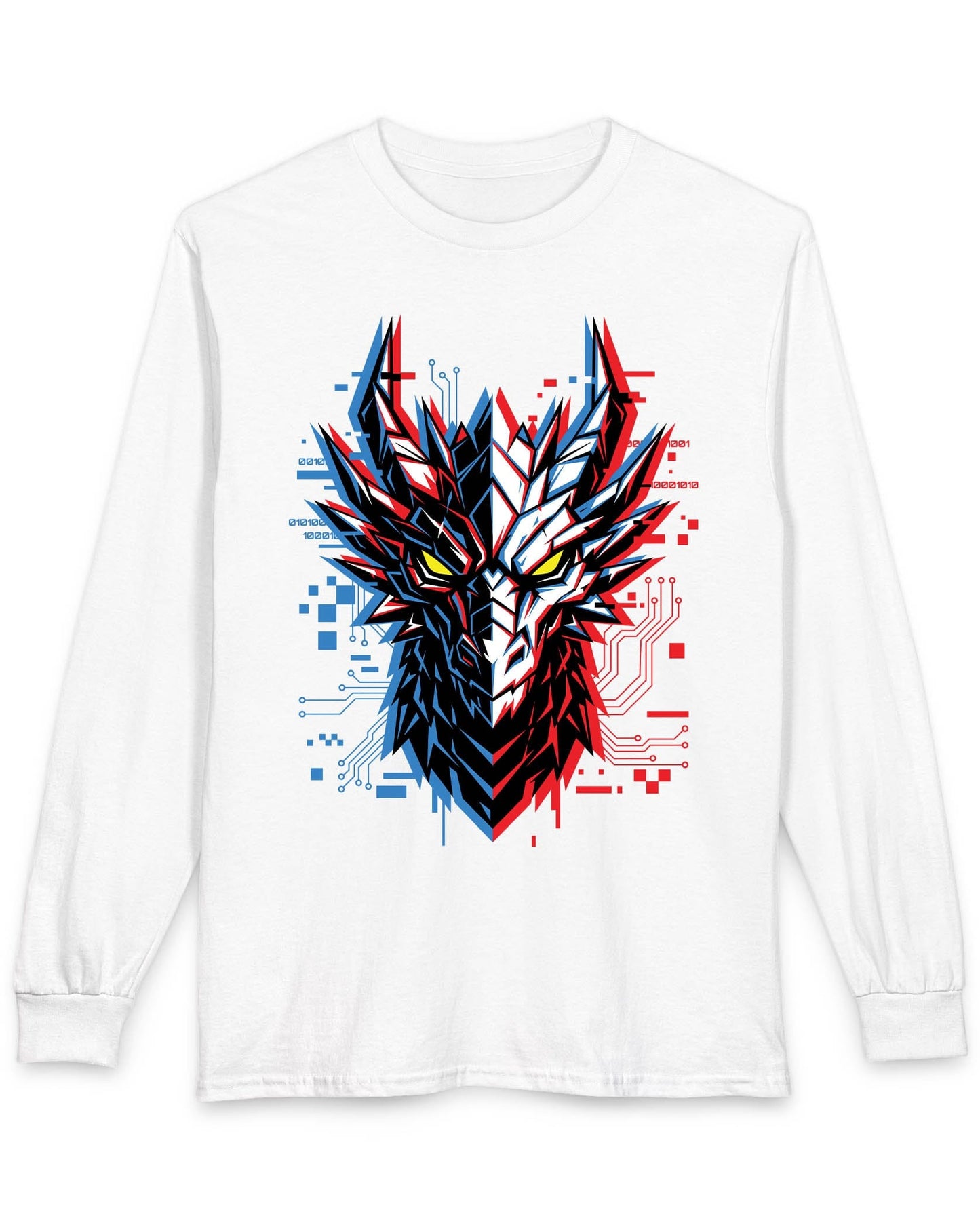 Ghost in the Circuit shirt in white featuring a split cyber dragon face with neon circuitry and glowing eyes