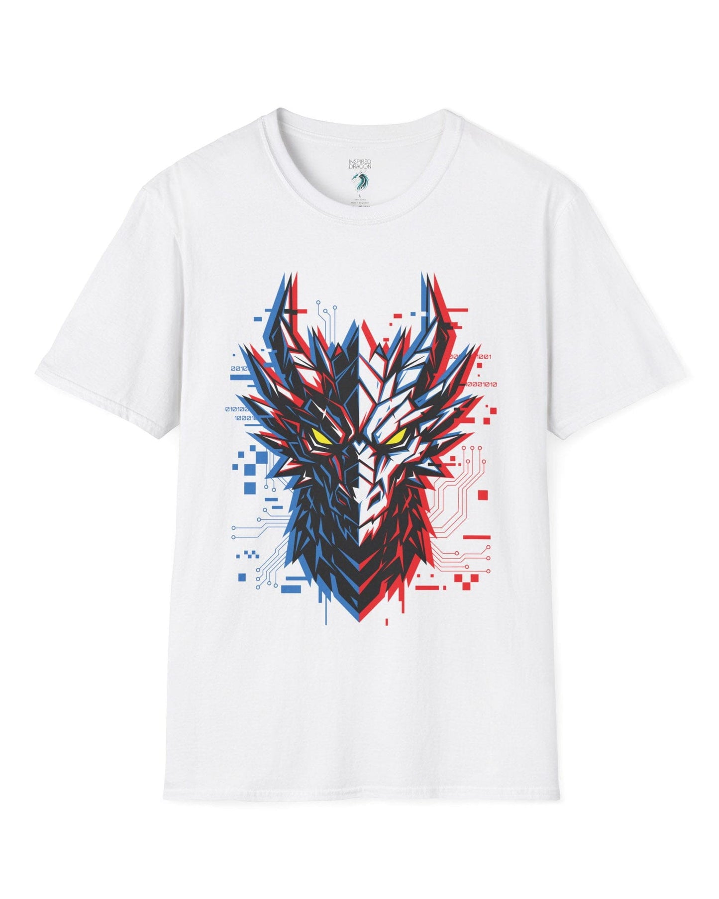 Ghost in the Circuit shirt in white featuring a split cyber dragon face with neon circuitry and glowing eyes