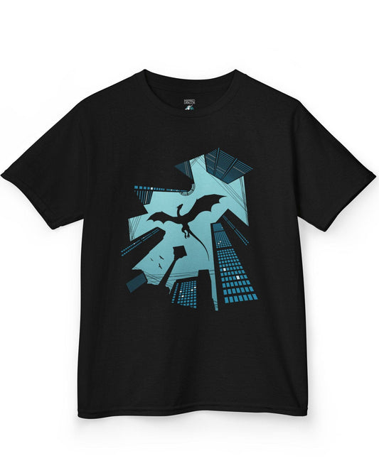 Vertigo shirt in black featuring a soaring dragon silhouette above towering city skyscrapers in bold graphic contrast