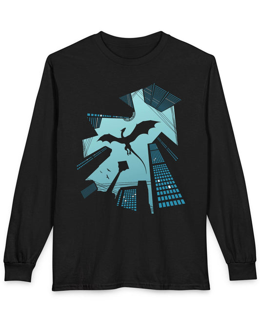 Vertigo shirt in black featuring a soaring dragon silhouette above towering city skyscrapers in bold graphic contrast
