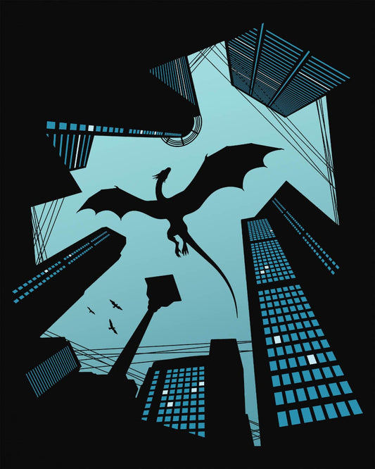 Vertigo shirt in black featuring a soaring dragon silhouette above towering city skyscrapers in bold graphic contrast