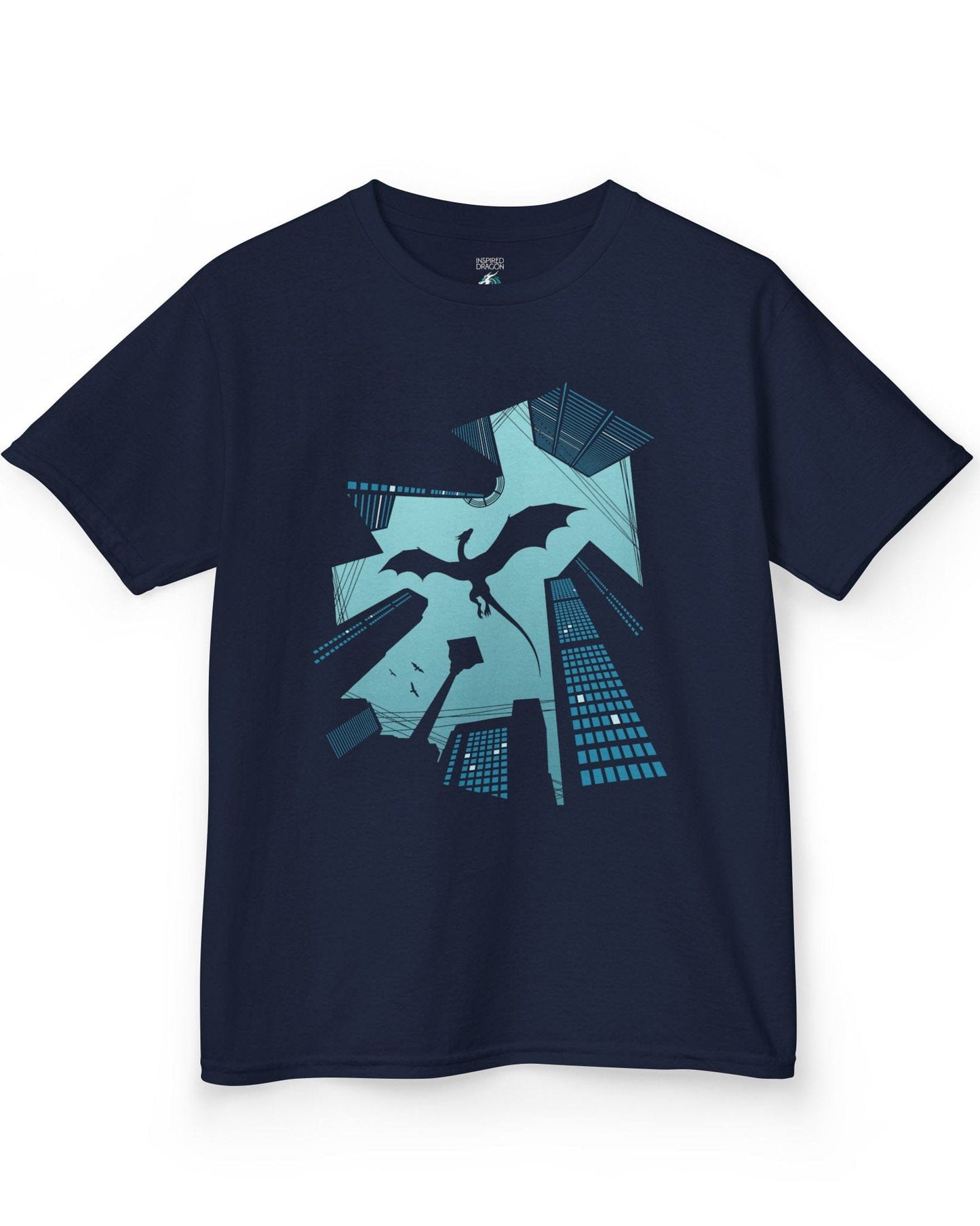 Vertigo shirt in navy featuring a soaring dragon silhouette above towering city skyscrapers in bold graphic contrast