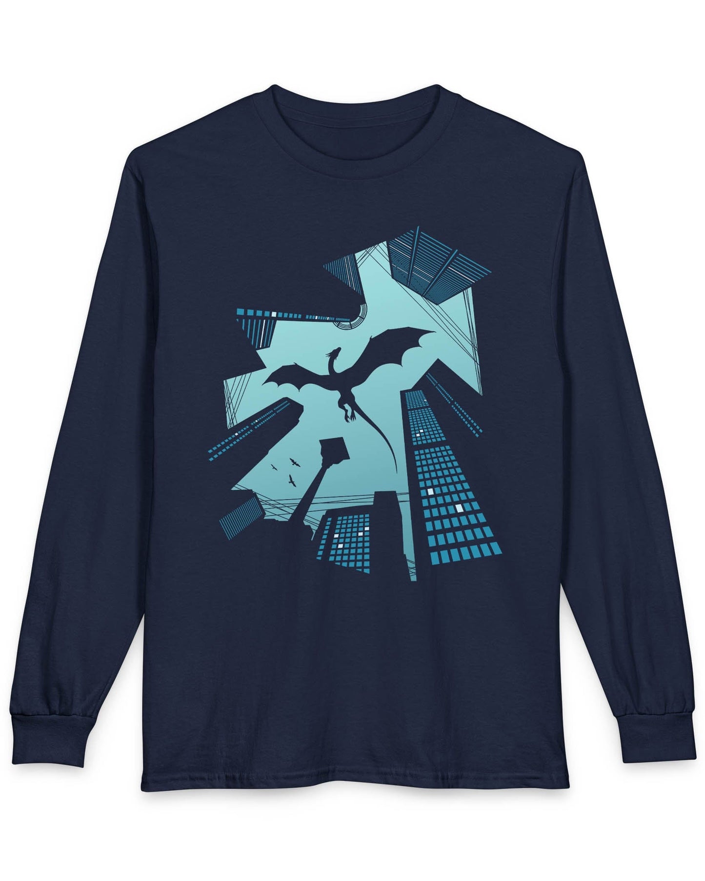 Vertigo shirt in navy featuring a soaring dragon silhouette above towering city skyscrapers in bold graphic contrast