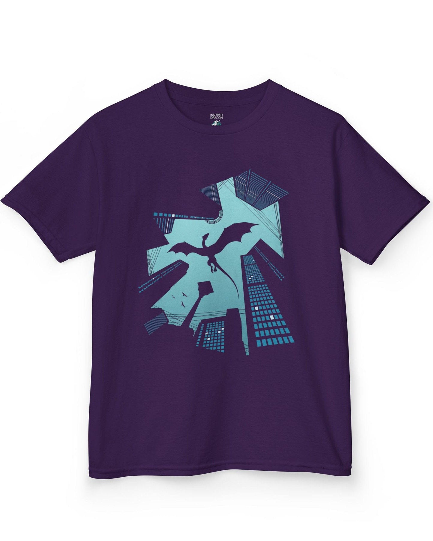 Vertigo shirt in purple featuring a soaring dragon silhouette above towering city skyscrapers in bold graphic contrast