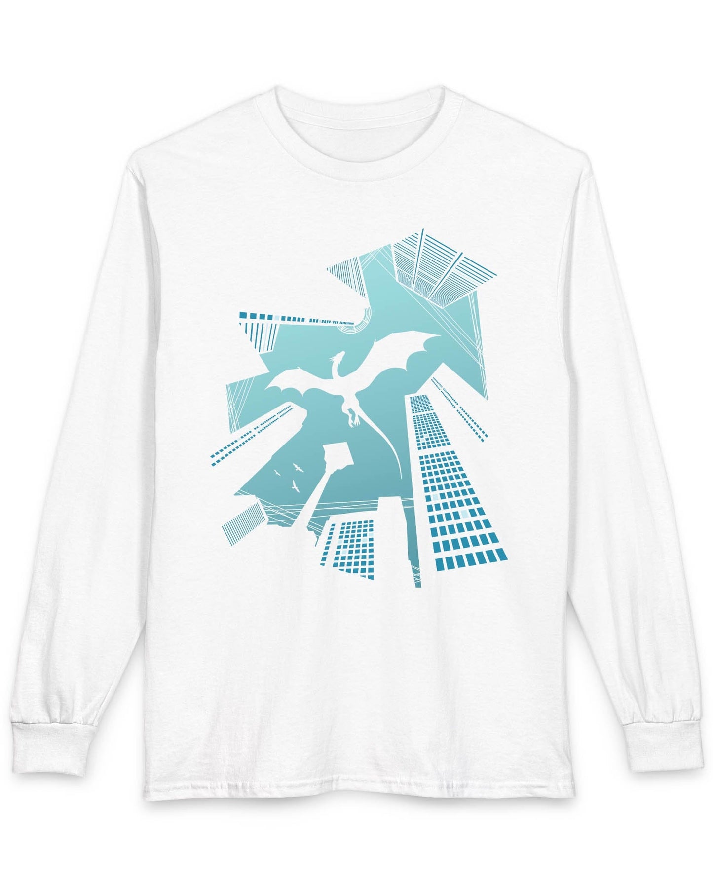 Vertigo shirt in white featuring a soaring dragon silhouette above towering city skyscrapers in bold graphic contrast