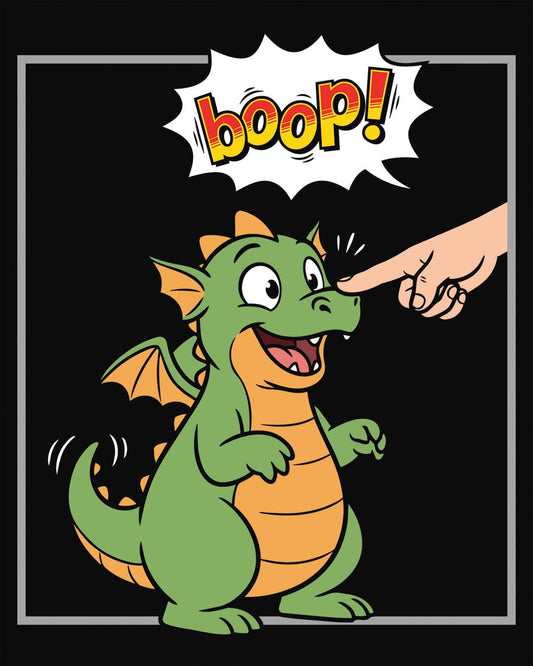 Boop! Comic shirt in black featuring a cute baby dragon getting booped with a playful comic-style speech bubble