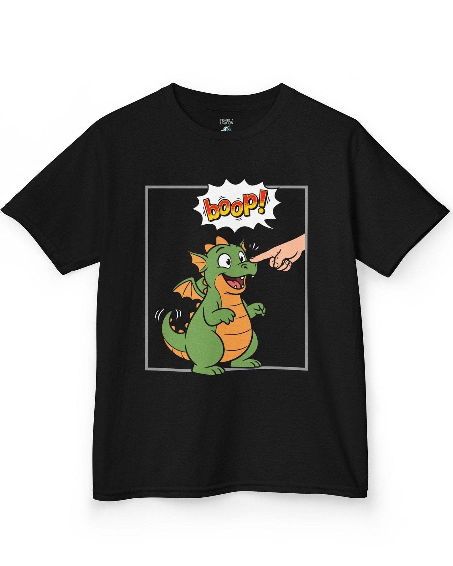 Boop! Comic shirt in black featuring a cute baby dragon getting booped with a playful comic-style speech bubble