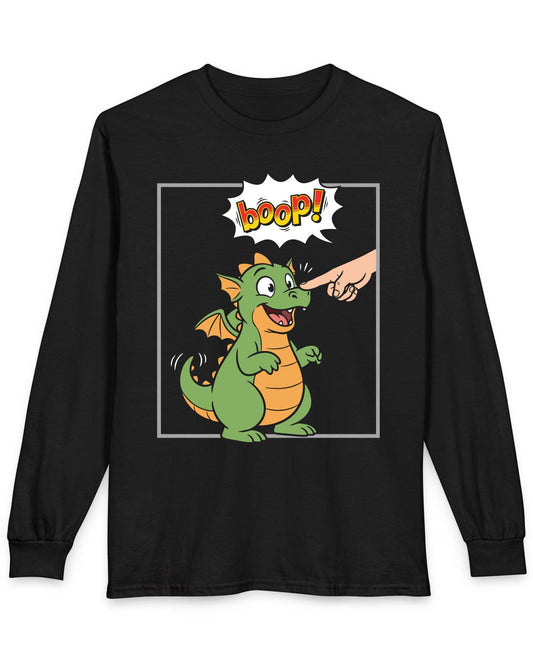 Boop! Comic shirt in black featuring a cute baby dragon getting booped with a playful comic-style speech bubble